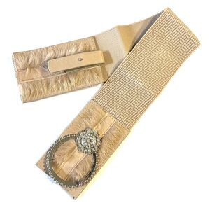 Women’s Taupe Nude Faux Fur Rhinestone Stretch Belt
